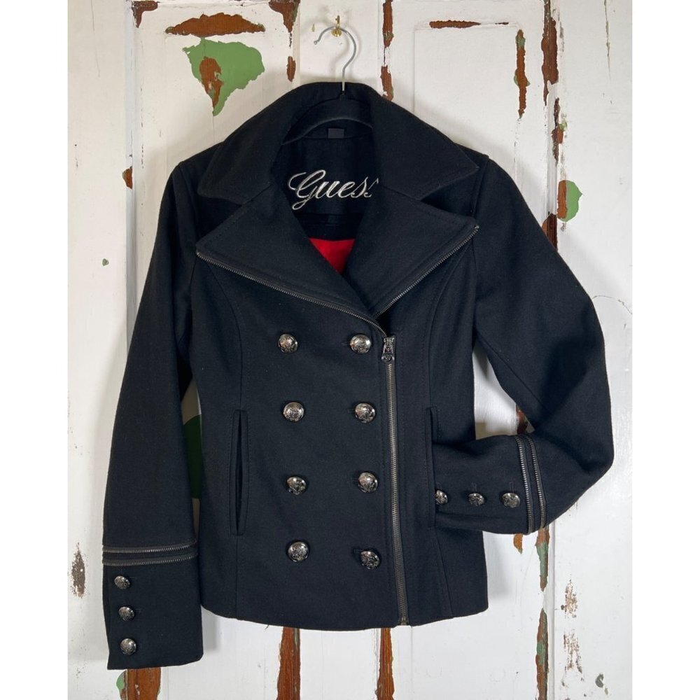 Guess Size XS Navy Wool Jacket DB Button Zip Cross between Moto Peacoat Military - Picture 5 of 16